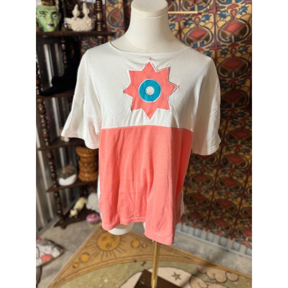 Casualcode Color Block Graphic T Shirt Coral White Blue Sun Star Top Women's L‎